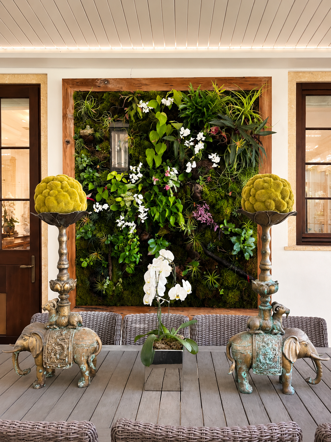 Custom tropical living wall installation with orchids and greens