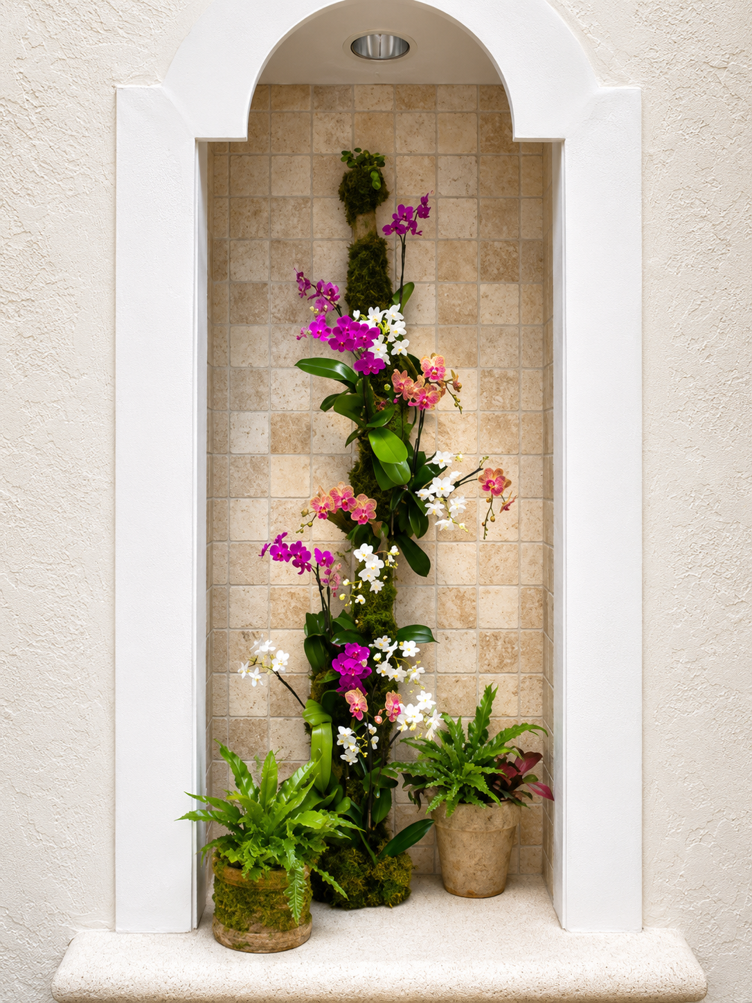 Sculptural orchid and tropical floral arrangement