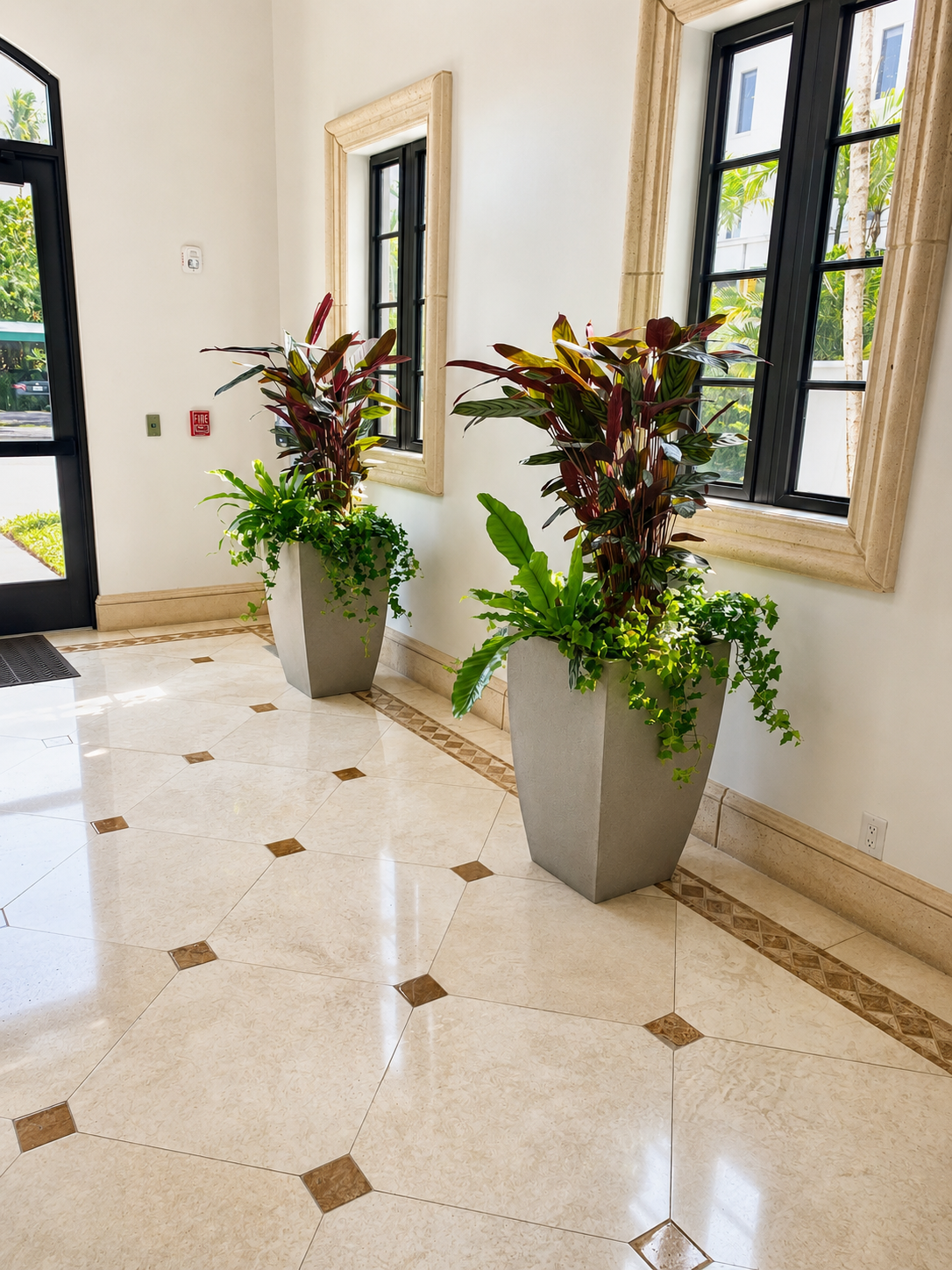 Tropical container and foliage arrangement